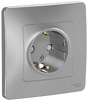 Розетка с заземлением с рамкой Systeme Electric Blanca 1-м. шторки алюминий картинка